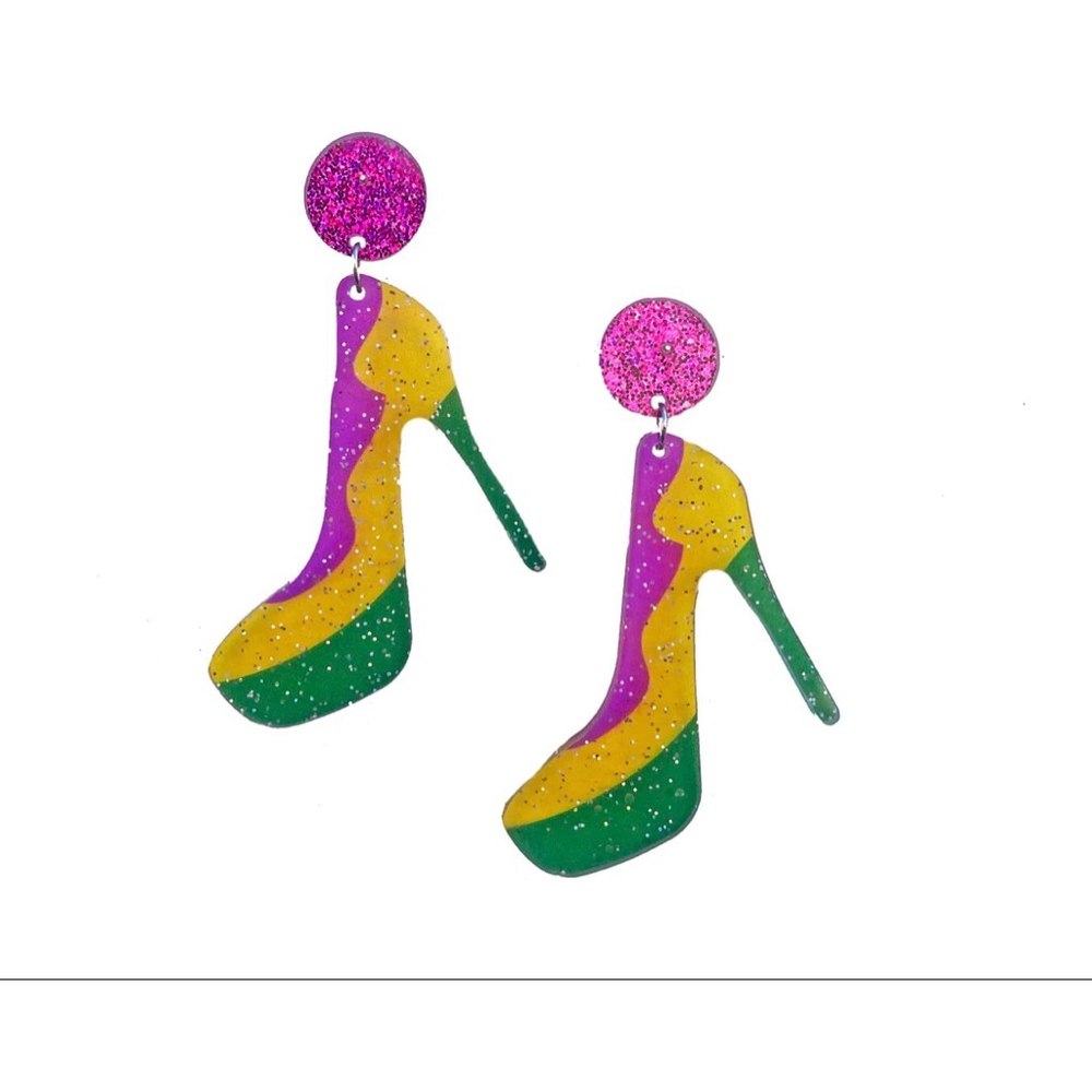 Mardi Gras Glitter High Heel Dangle Earrings